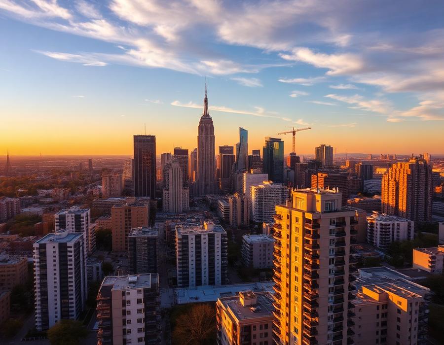 Vista aérea de uma cidade ao entardecer